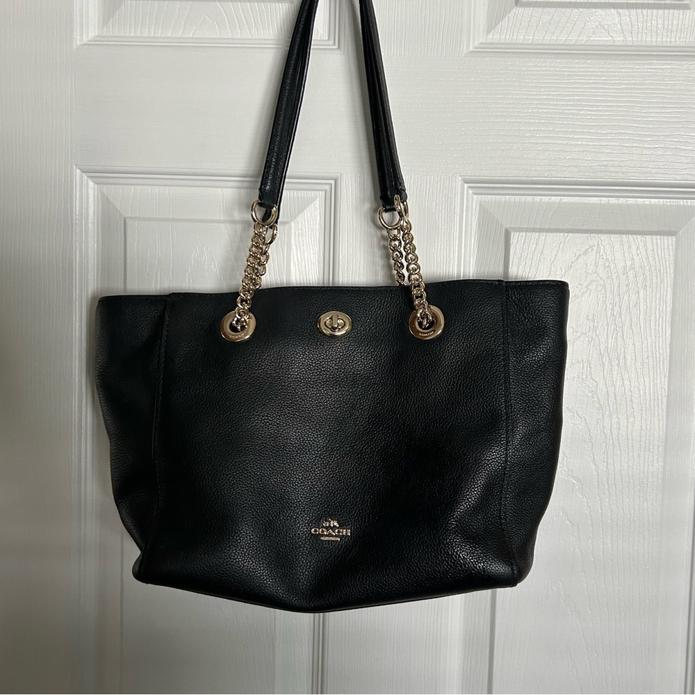 Coach Black Leather Tote with Gold Hardware